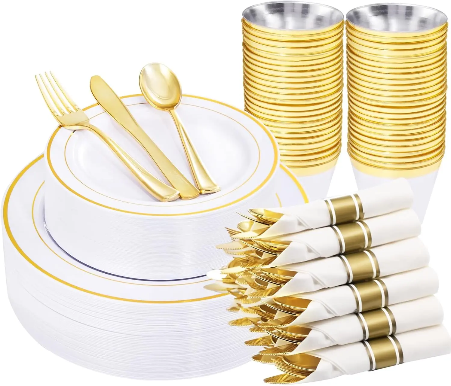 WELLIFE 210 Piece Gold Plastic Dinnerware Set, Include: 30 Dinner Plates, 30 Dessert Plates, 30 Pre Rolled Napkins with Silverware and 30 Cups  Thick Christmas