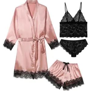 Womens 4 Pcs Lingeries Silk Pajamas Robes Set Sexy Pjs Cami Shorts Satin Sleepwear Lace Loungewear