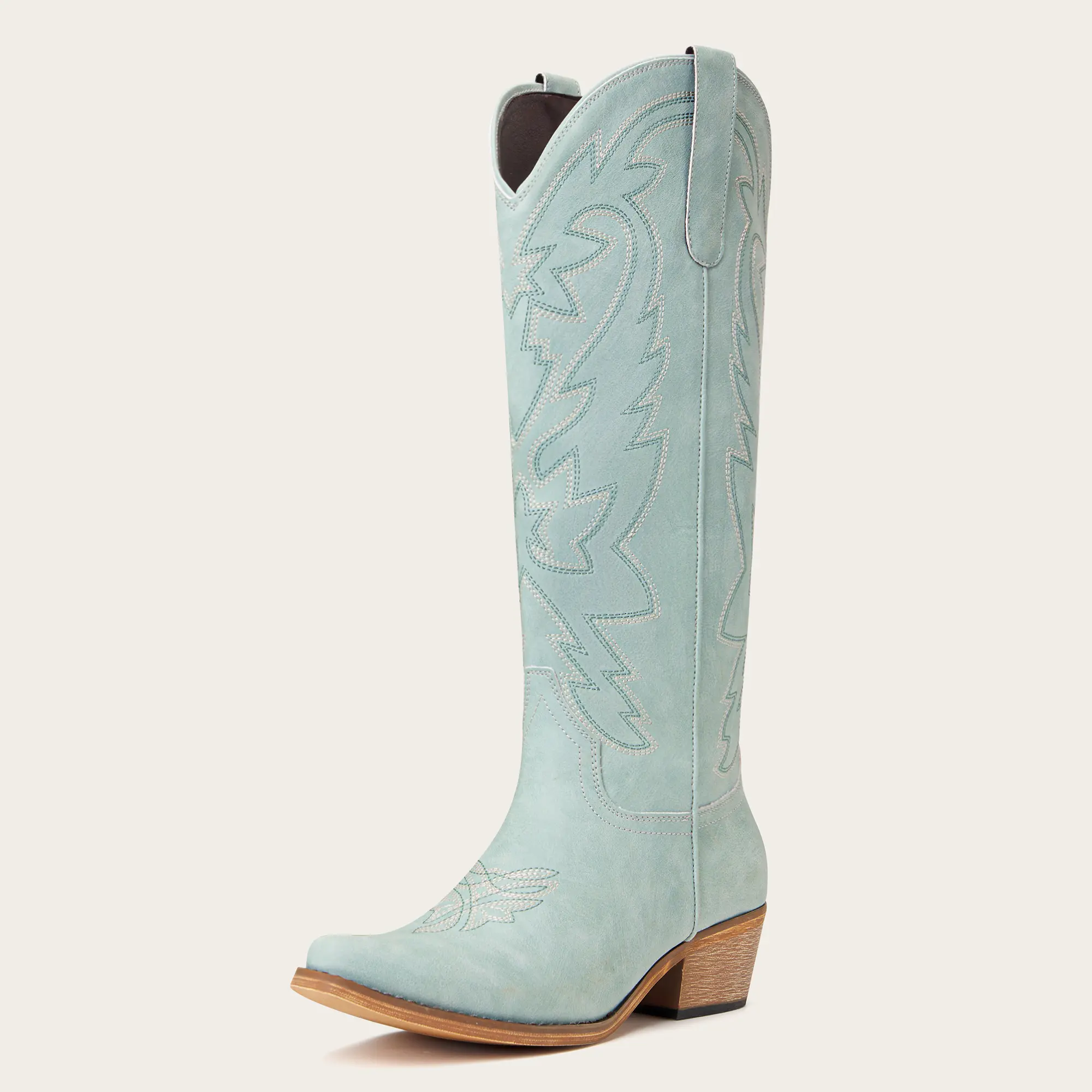 Women's Vintage-Inspired Embroidered Cowgirl Boots - Blue Vegan Leather, Intricate Floral & Abstract Embroidery, Classic Pointed Toe, Western OOTD, Cowboy Aesthetic, Country Girl Aesthetic, Flowers, Statement Shoes for Casual & Dressy Occasions