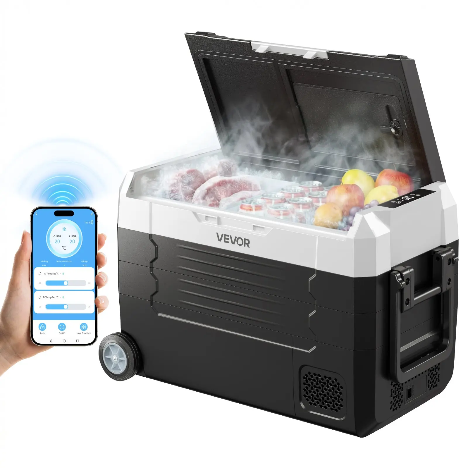【Summerfinds】VEVOR 37QT Durable Wheeled Rolling Car Fridge-Separate Freezer, 12/24V DC & 100-240V AC, -4°F to 68°F, APP Control, Dual Zone, for RV Camping Fishing, Portable Freezer