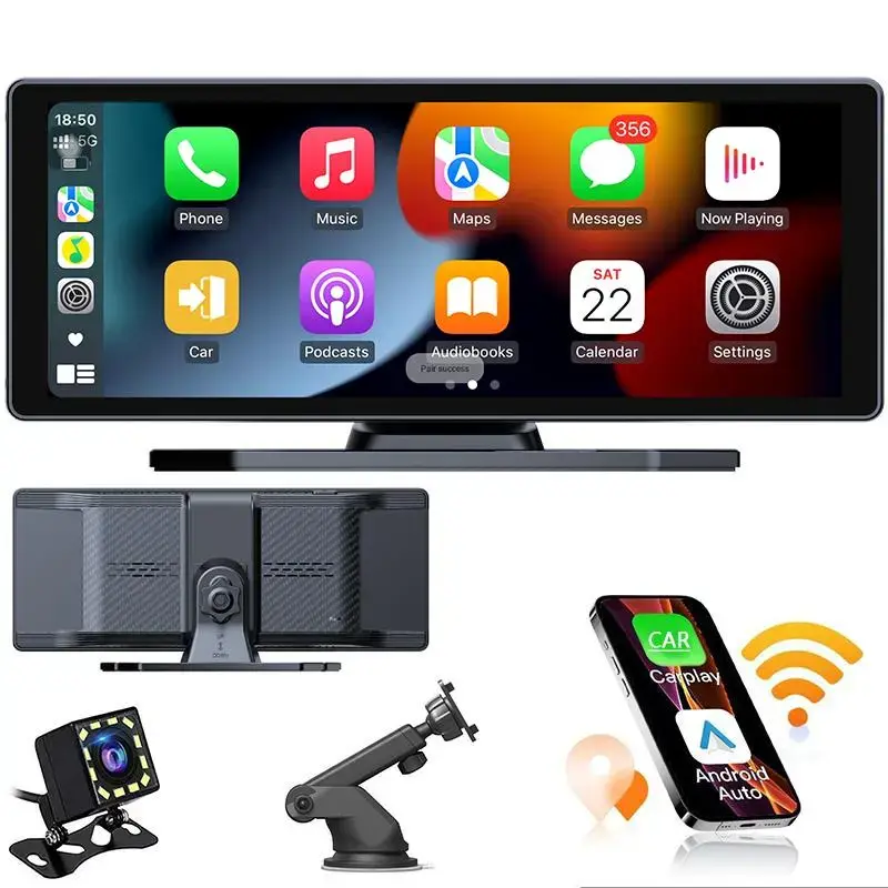 10.26 Inch Portable Wireless CarPlay Android Auto Car Stereo 4K 360 Camera Night Vision Collision Sensor 64GB GPS Voice Control Smart Screen Backup Camera Parking Assist Mirror Link Handsfree Calling  Car Video Player Car Media Player Car Tv Car Audio soh