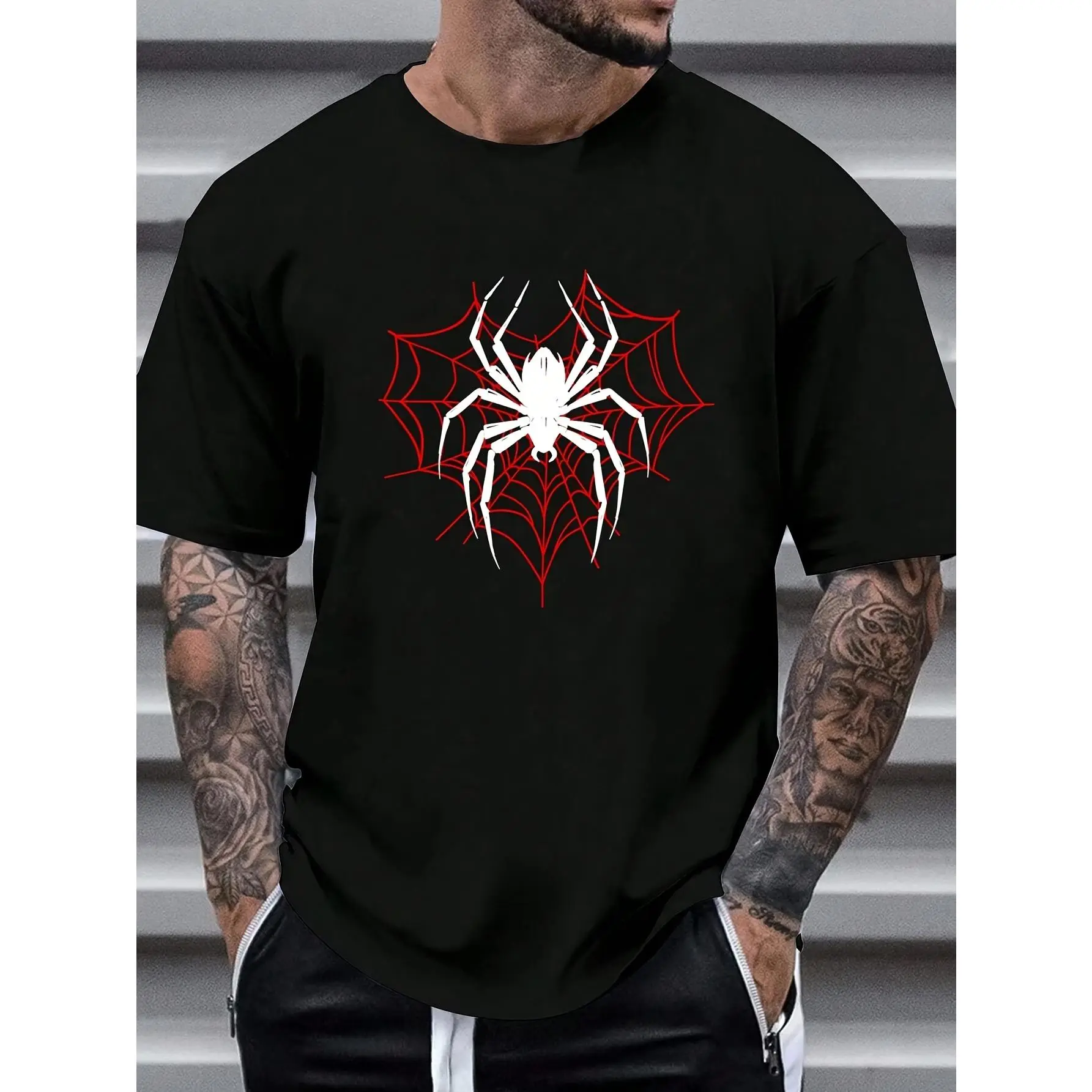 Men's Spider Web Graphic T-Shirt - 180g Heavyweight 100% Cotton Fabric, Casual Streetwear Short-Sleeve Crew Neck Top for Halloween, Plus Size