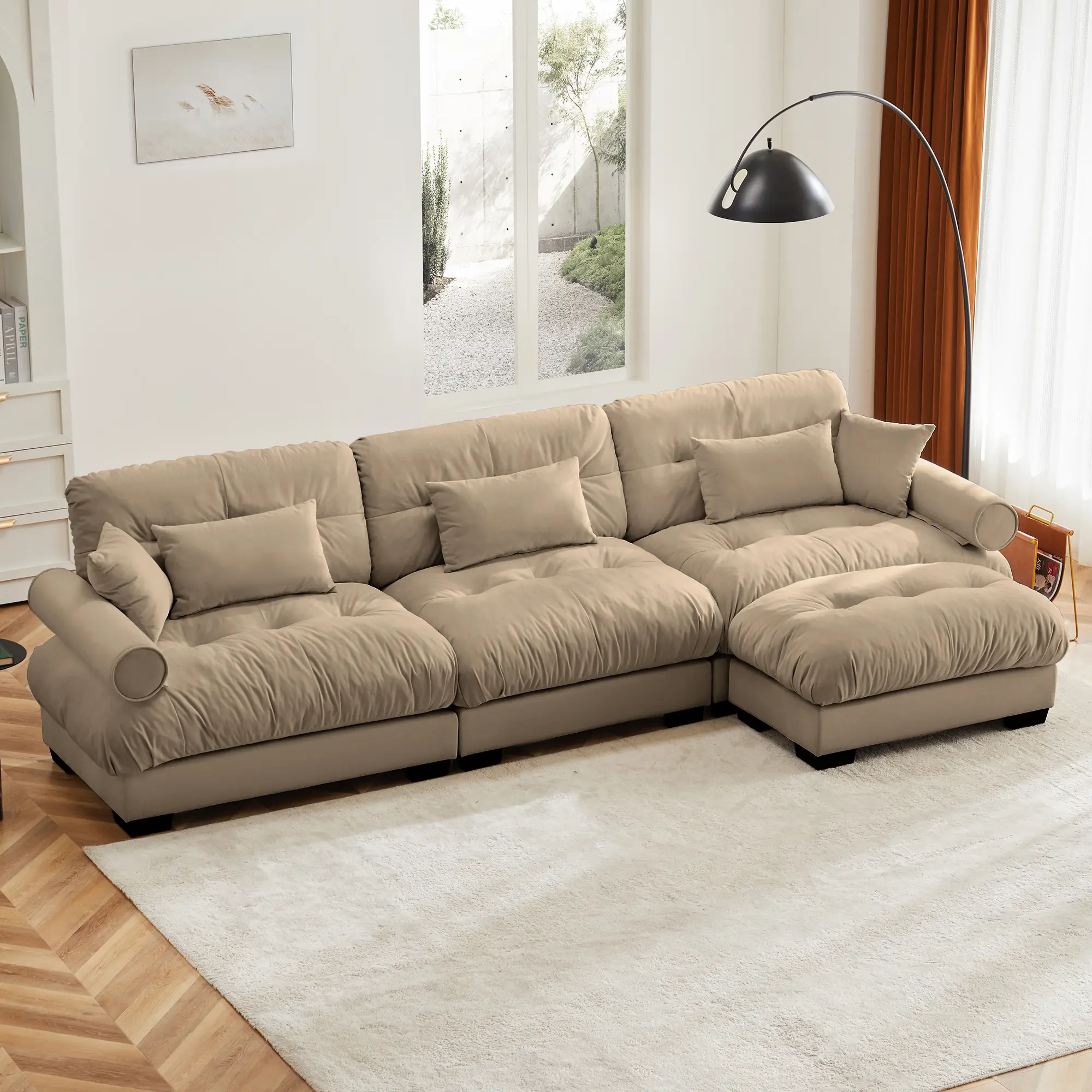 Modern Oversized Vintage Velvet L-Shaped Modular Split Sectional Sofa - Sturdy, Sponge-Cotton Cushioned, Extendable Deep Seat, Movable Ottoman, Bolster Arms, Flexible Configuration for Living Rooms - Freely Combine 1, 2, 3 or 4-Seat Configurations, Durabl