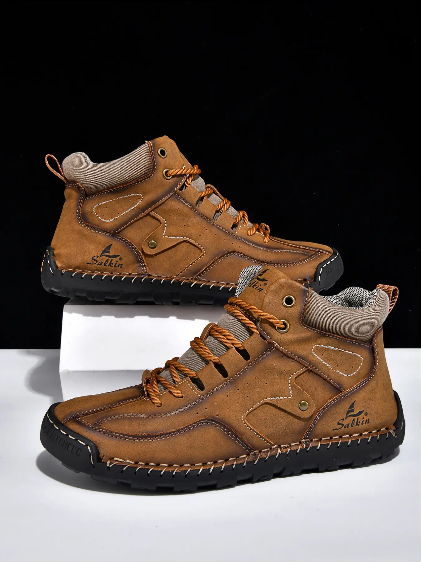 Men's Multi-Color Premium Handmade Stitched Leather Boots, High-Quality Durable Non-Slip Closed Ankle Work Boots for Outdoor & Daily Wear