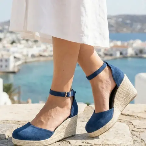 Artificial Suede Straw Wedge Shoes, Versatile Ankle Height, Round Toe, Textile Upper, Rubber Sole, Perfect for All Seasons