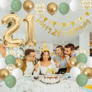 21 Year Old Party Decoration, 21st Birthday Decorations for Women Men, Happy 21st Birthday Banner with Cake Topper Number 21 Foil Balloon Sage Green White Gold Balloons