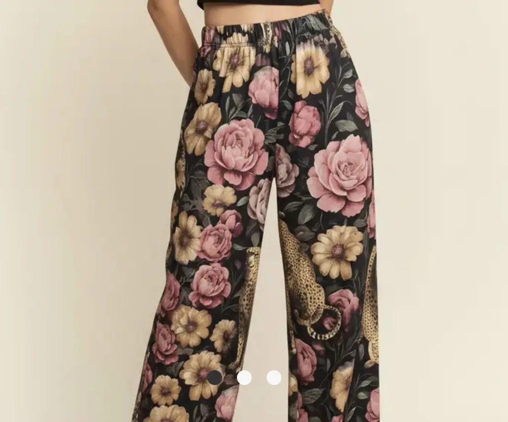 Women's Boho Floral Noir Cheetah Animal Pattern Baggy Wide-Leg Harem Pants - Lightweight Casual Loose Elastic Waist Bottoms with Pockets, Sizes S Up to 6, M 8-10, L 10-12, Floral Print