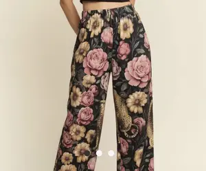 Women's Floral Noir Cheetah Pants, Lady's Casual Loose Pocket Bottoms with Elastic Waist