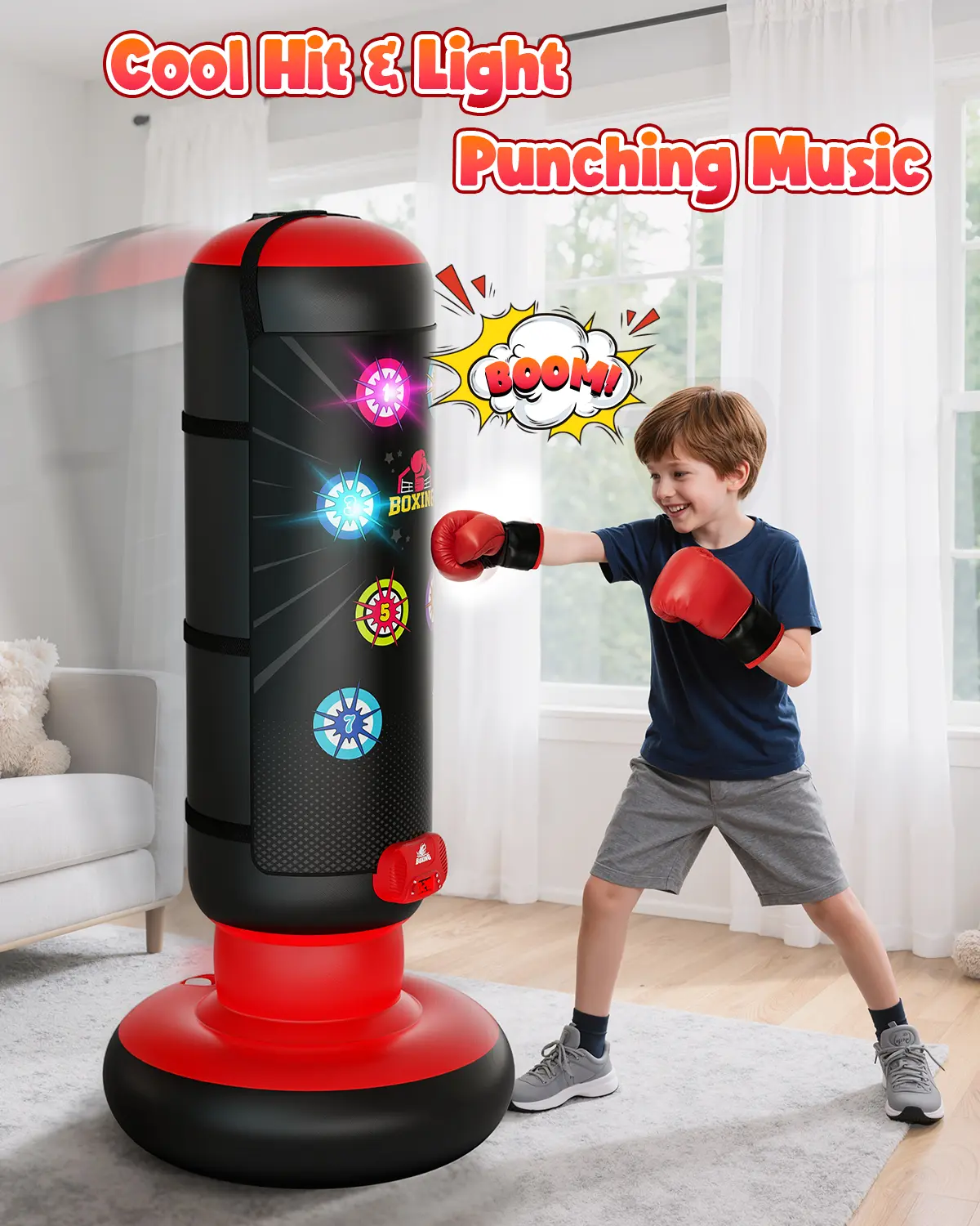 Hope rock Kids Punching Bag Set with Boxing Gloves, Music & Light Up Score Counter, 4-Mode Interactive Boxing Toy for Boys Girls Ages 4-12 backtoschool