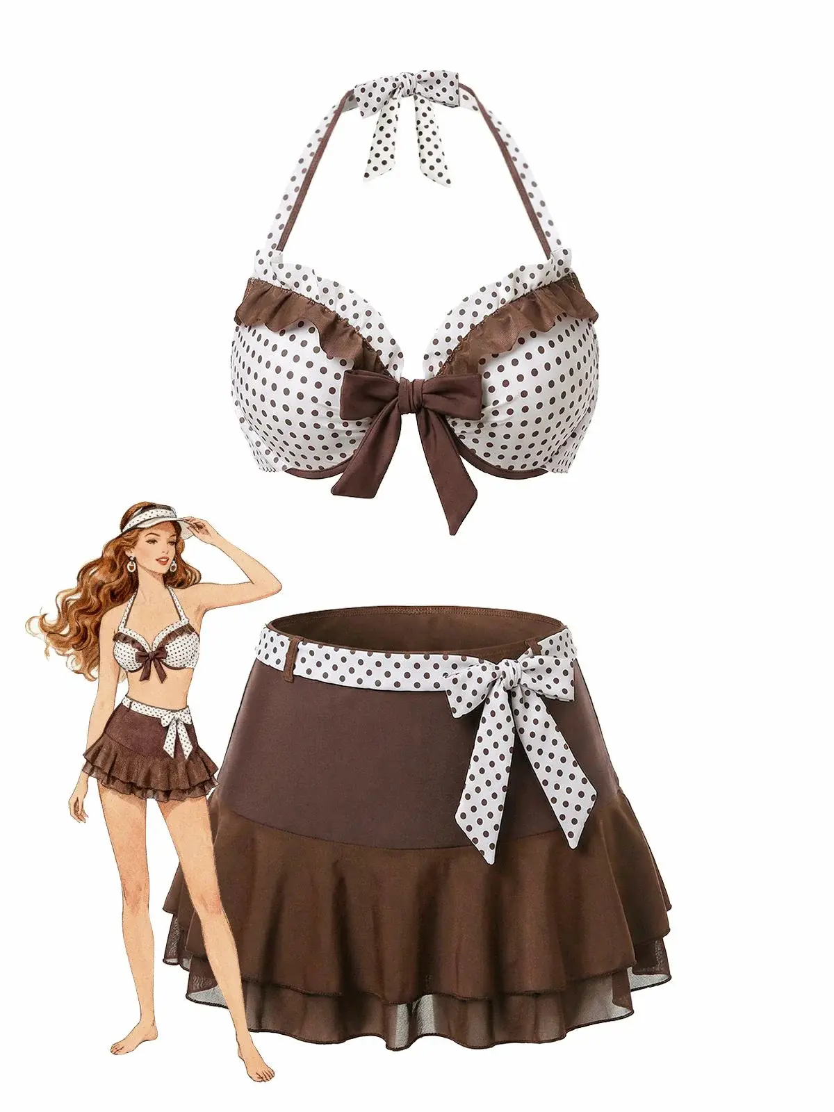 RETRO STAGE Women's 3PCS High-Stretch 1970s Brown Polka Dot Ruffle Halter Tankini Swimwear Set - Spandex Elastic Halter-Front Bikinis, Bathing Suits for Beach, Swimsuits for Womensummer outfits beach essentials vacation outfits BackToSchool