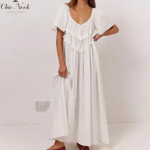 Women Long Dress, Elegant Short Sleeve Low-cut Backless Solid/Plaid Loose Swing Dress SpringStatements