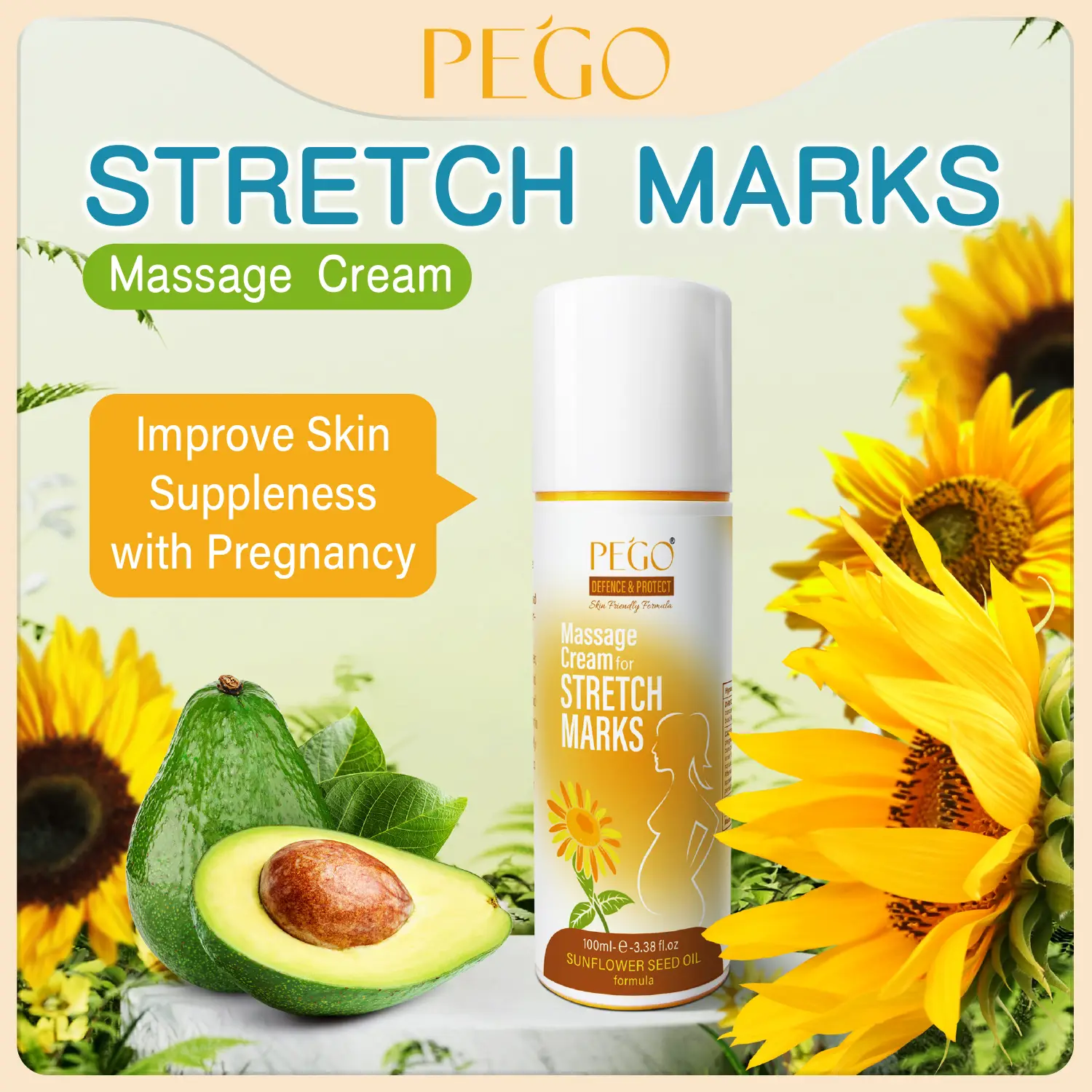 PEGO Stretch Mark Cream – Postpartum Repair, Fade Stretch Marks & Weight Gain Marks, Firm & Natural, 3.38oz