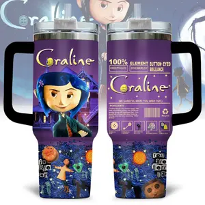 Coraline Inspired Tumbler 20oz 40oz, Button Eyes Fantasy Movie Cup, Spooky Cute Aesthetic Travel Mug with Handle