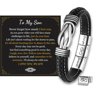 Infinity Leather Bracelet Gifts For Men, Engraved Message Love You Forever Bracelet For Son Husband Boyfriend, Birthday Graduation Gifts for Men