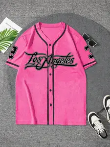 Men's Letter & Number Print Contrast Binding Baseball Jersey, Stylish Jersey, Regular Fit Casual Short Sleeve V Neck Baseball Top for Summer, Fashion Men's Clothes for Daily Wear