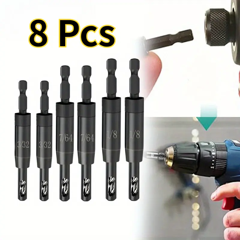 8-Pc Self-Centering Drill Bit Set, 1/4 in Quick-Change Hex Shank, Metal CC2430, Easy to Install, Fast 1-Handed Load & Release, for Woodworking Cabinet/Door Hinge Drilling, Home Improvement Supplies