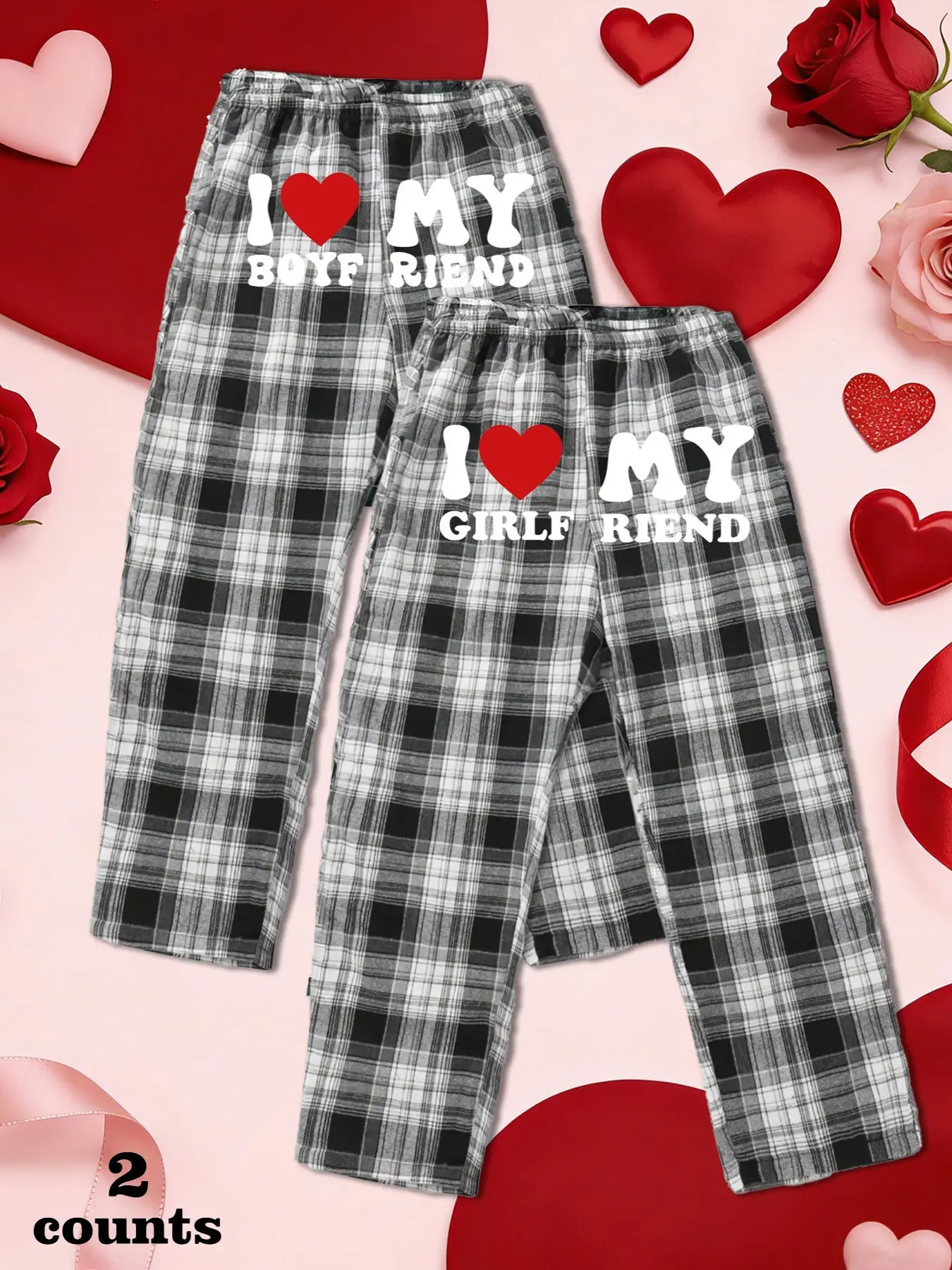 Valentine's Day Unisex Casual Plaid Sleepwear Pants Set, Soft Comfortable Fitted Elastic Design, All Seasons Wear, 2 Piece Pack, Loungewear, Homewear, Pajama Set, Lounge Pjs Set, Pajamas Sets