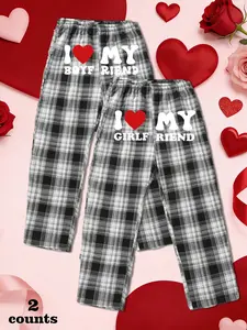 Valentine's Day Unisex Casual Plaid Sleepwear Pants Set, Soft Comfortable Fitted Elastic Design, All Seasons Wear, 2 Piece Pack, Loungewear, Pajama Set
