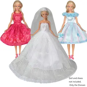 3 PCS Doll Wedding Gowns Dresses with Crown Veil Party Skirts Daily Casual Clothes Wedding Dress-Up Gift Set for Girl Doll Accessories Toys, Clothes For Dolls, Xmas Gift For Girl(Doll Not Included)