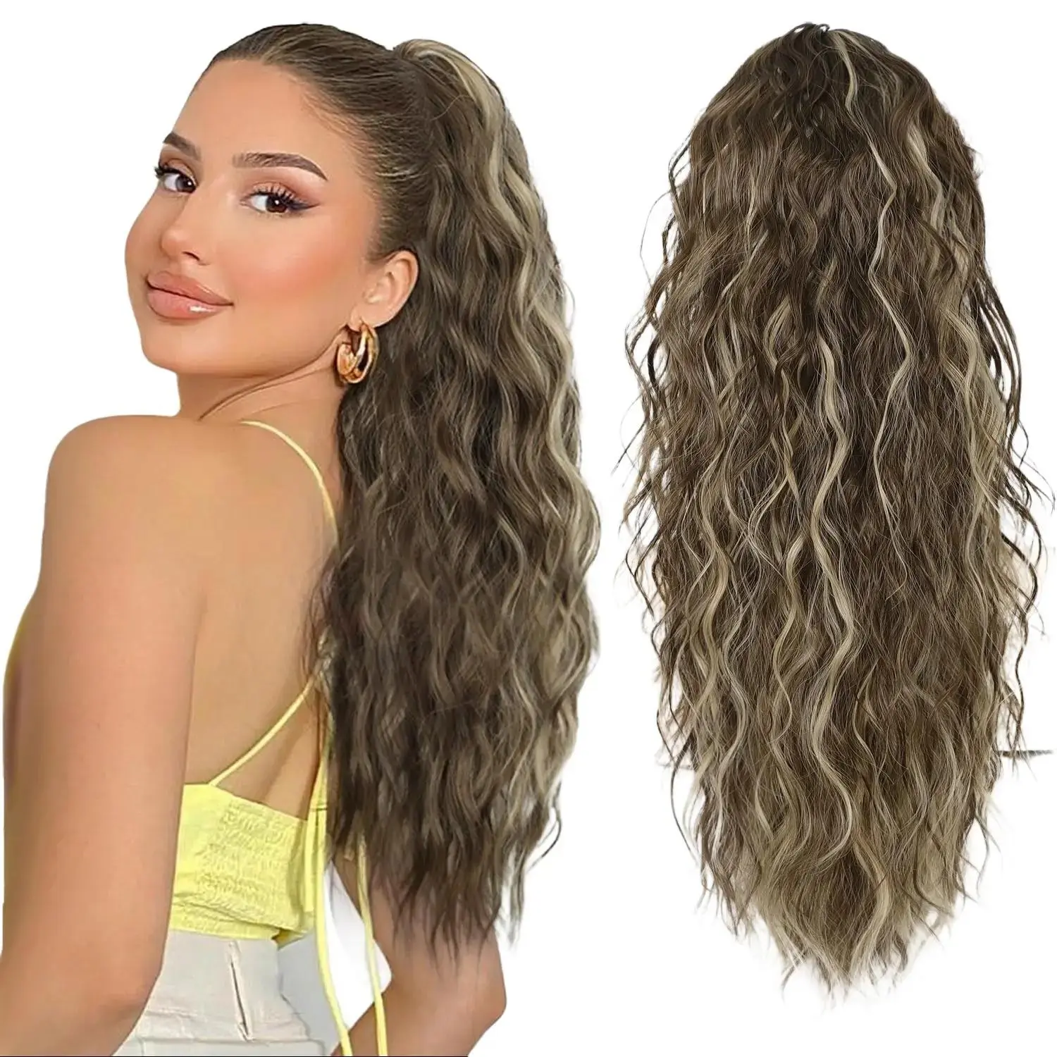 AISI HAIR Women's 20in Wavy Curly Synthetic Claw Clip Ponytail Extension - Heat-Resistant High-Quality Fibers, Soft, Comfortable, Easy-Wear Clip Hair Extensions, Synthetic Soft Hairpieces for Carnivals, Family Members