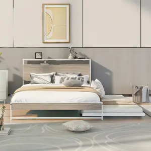 Queen Size Bed Frame with Twin Size Trundle, Metal Platform Bed with USB Ports and Slat Support, No Box Spring Needed