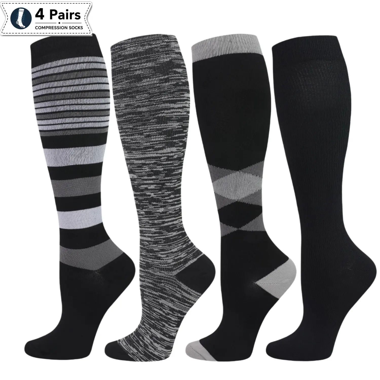 Compression Socks for Women & Men, 4 Pairs 15-20 mmHg Graduated Compression Socks for Circulation Support, Knee High Travel Socks for Nurses, Running, Pregnancy, Long Standing & Sitting