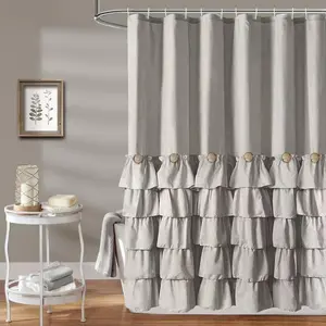 Solid Color Ruffle Trim Shower Curtain, Woven Layered Ruffle Design Shower Curtain with Natural Button Accents, Machine Washable Polyester Bath Curtain, Bathroom Decor, Bathroom Accessories, Home Goods, Bathroom Decoration Accessories