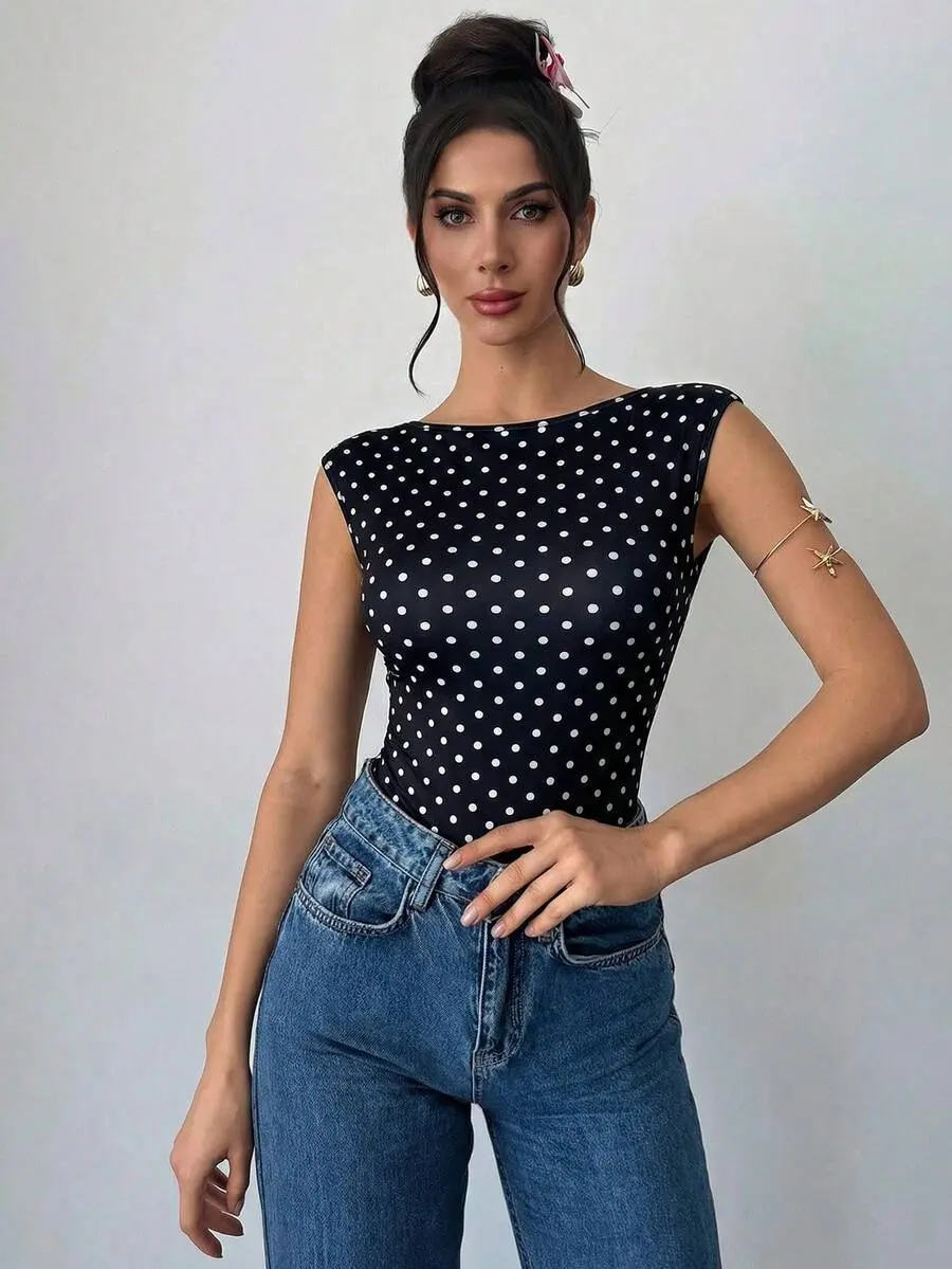 Women's Polka Dot Open Back Bodysuit Vintage French Chic Sleeveless Boat Neck Top Y2K Going Out Summer Outfit