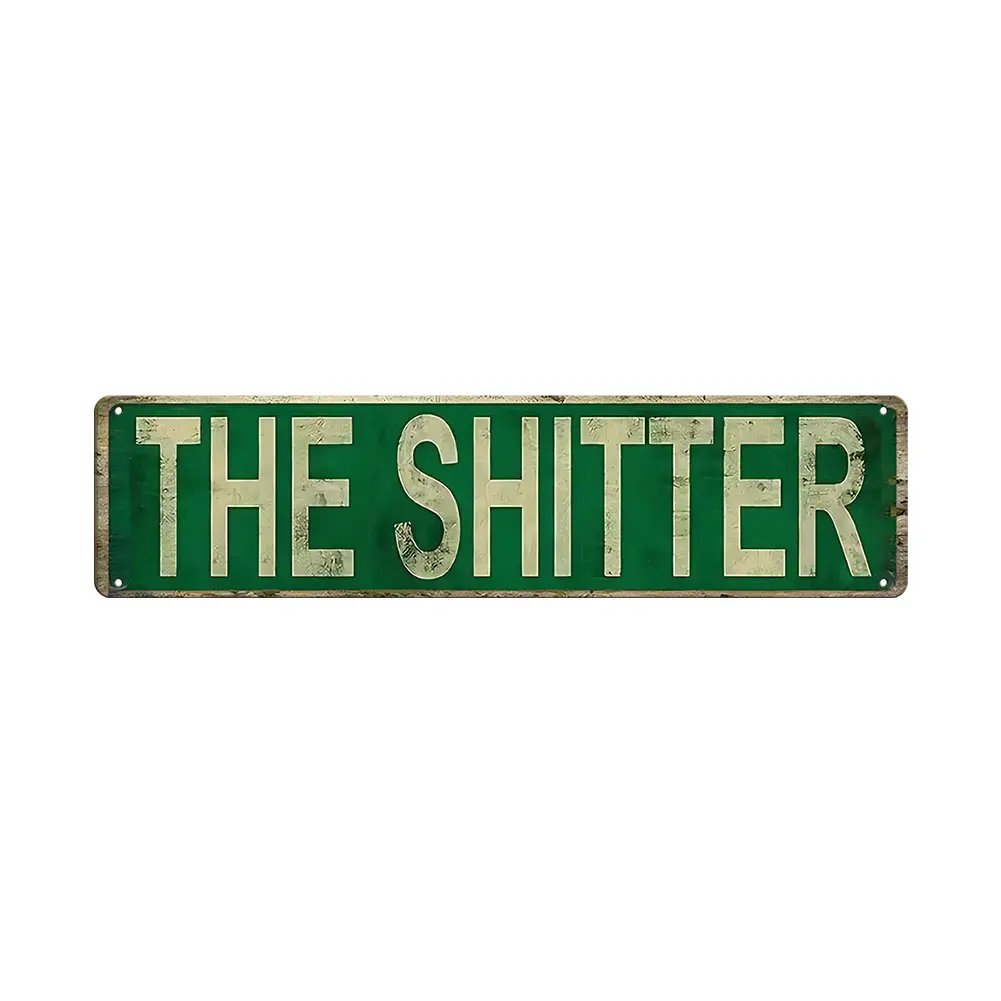 Vintage Style Humor Decor Bathroom Tin Street Sign - "The Shitter" Rust-Proof Metal Wall Decoration, Slim Size, 4 Predrilled Holes, Distressed Retro Matte Look Lightweight Hanging Restroom Plaque, Home Supplies Gift