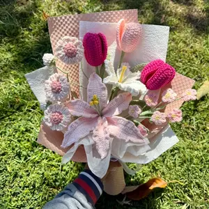 Crochet pink lily and pink tulips bouquet
