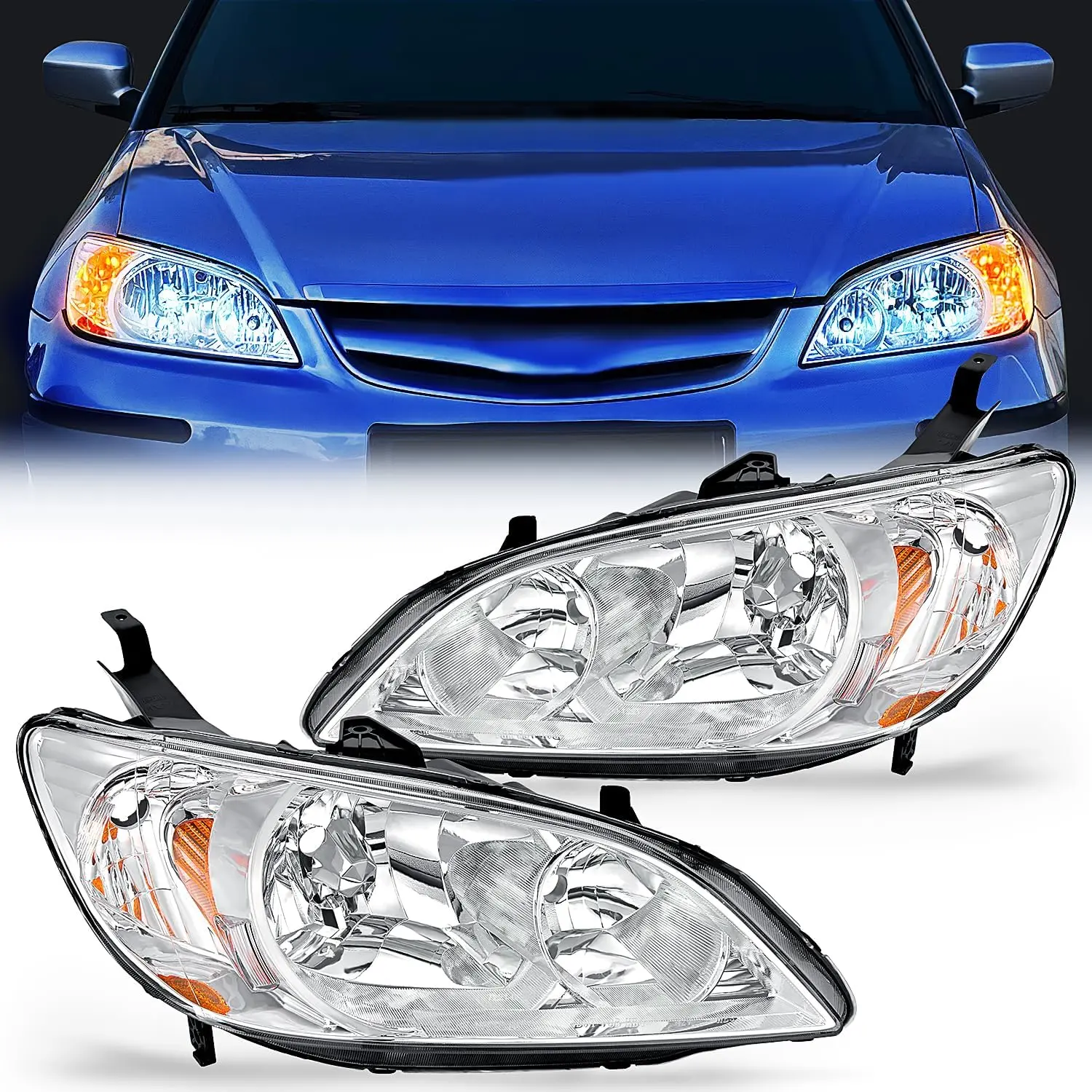 Nilight Headlight Assembly Compatible with 2004 2005 Honda Civic Headlamps Replacement Chrome Housing Amber Reflector Upgraded Clear Lens Driver and Passenger Side, Bright Headlight, Headlight Waterproof