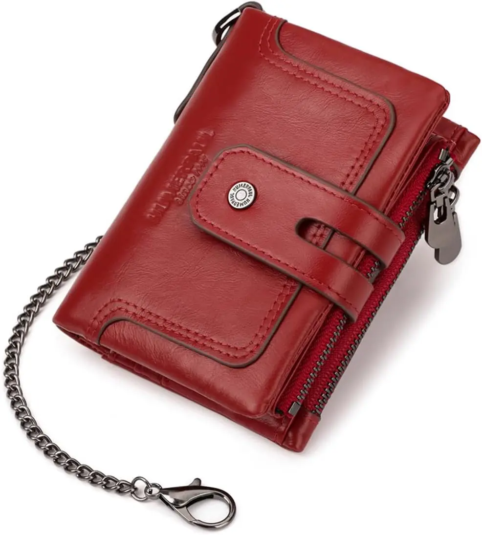 Wallet Men's RFID Blocking Genuine Leather Wallet Card Holder Coin Purse Change Pouch with 12 Card Slots Red
