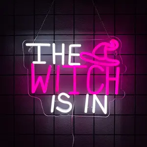The Witch Is In Neon Signs for Wall Halloween Decor - Witch Hat Neon Light Sign Gothic Lamp for Haunted Mansion House Party Decor