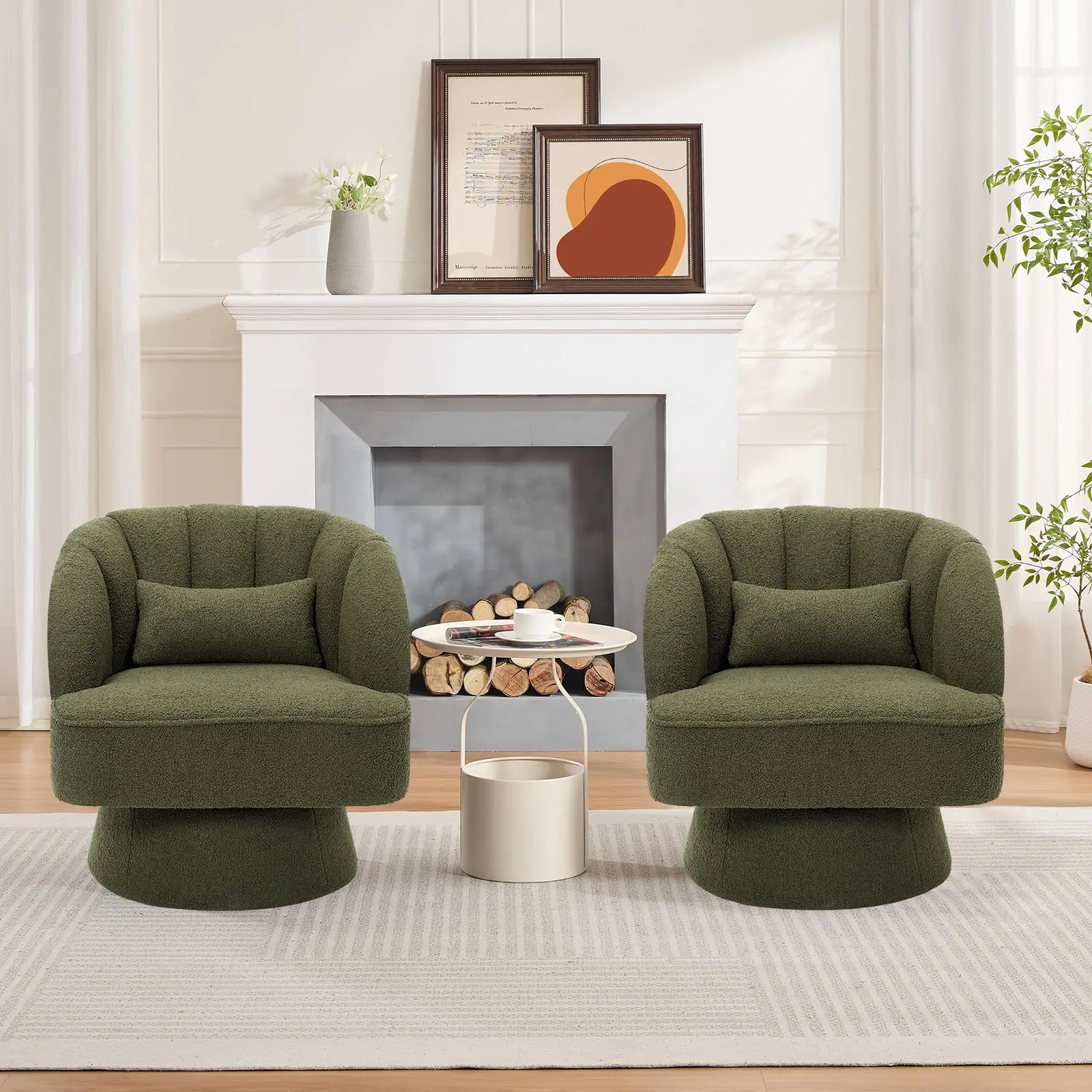 Garvee 2-Pcs Breathable Velvet Swivel Armchairs - Modern Reading Chair with Rolled Arms, Striped Backrest, Plush Padding, 22" Ergonomic Seat, Durable Cloud Lounge Living Room Furniture, Green, Assembly Required