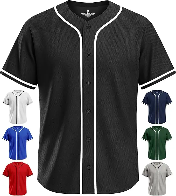 Exxact Sports Blank Baseball Jersey Men, Full Button Down Plain Baseball Jersey, Sports Uniforms Men Women Jersey - (Black)