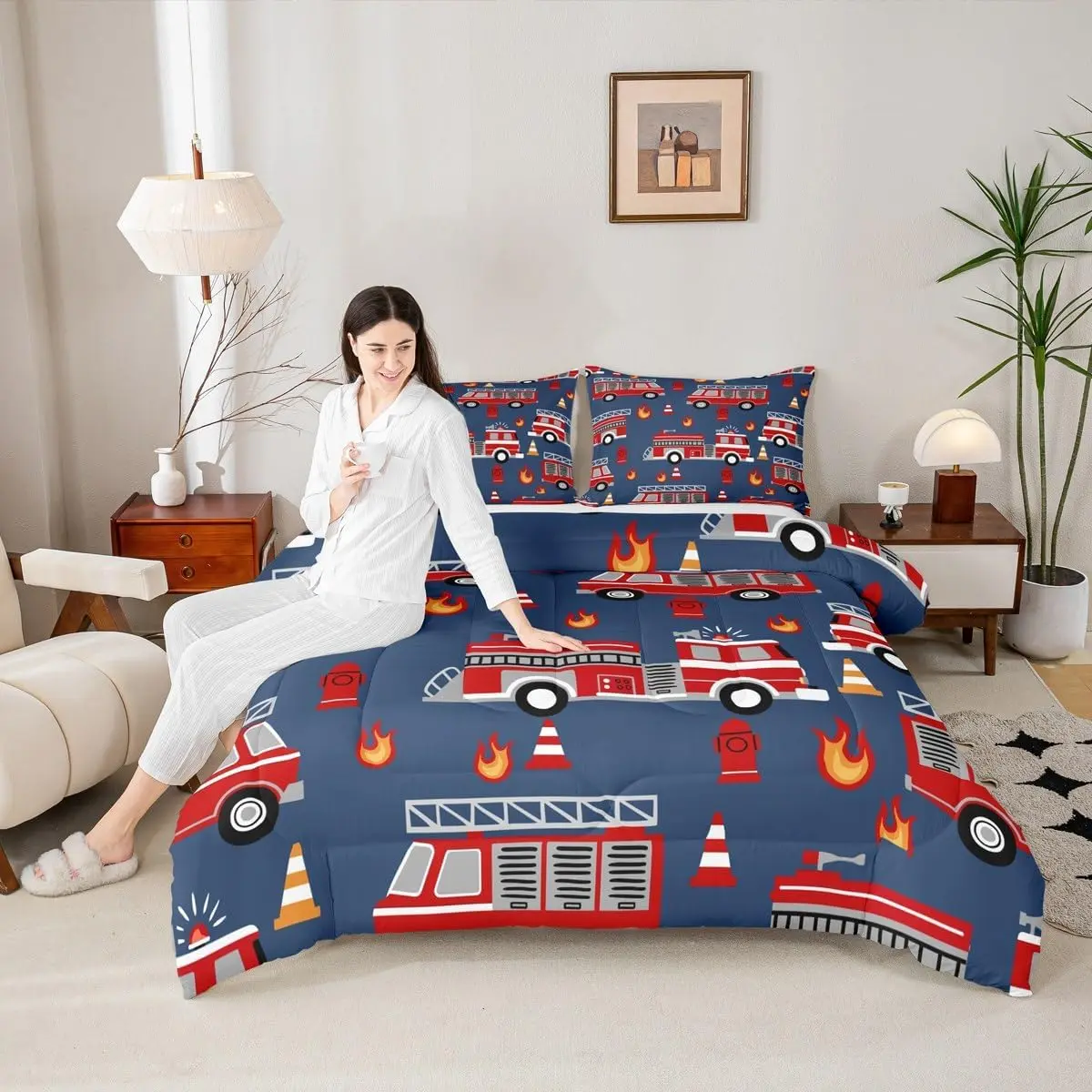 Firefighting Truck Comforter Set,Fire Truck Bedding Set Adults Room Decor,Western Emergency Rescue Vehicle Quilt Set,Red&Blue Duvet Insert