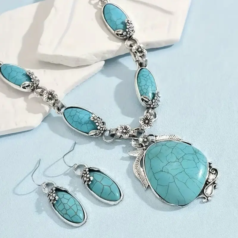 Vintage Style Turquoise-Color Pendant Necklace and Earrings Jewelry Set