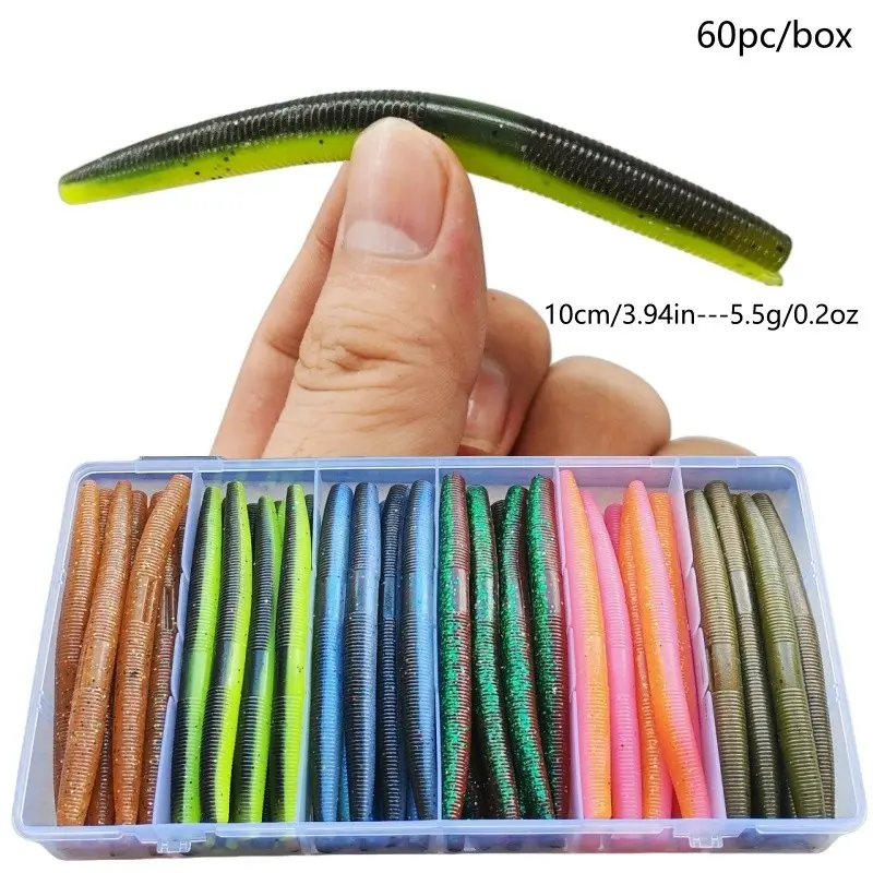 Senko Worm Fishing Lures Set, Fishing Tackle, Fishing Supplies, Fishing Stuff, 60pcs Soft Plastic Bait, 10cm 5.5g, Freshwater Saltwater, Effective for Bass Trout, High Quality, Fishing Lures Kit