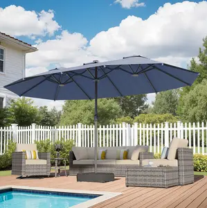 XIZZI 15ft Large Patio Umbrella with Solar Lights and Rectangle Base Including Sand Bag for Fixation, Adjustable Canopy, Double-Sided Outdoor Market Umbrella Suitable for Party and Barbecue in the Backyard and Garden or near the Pools