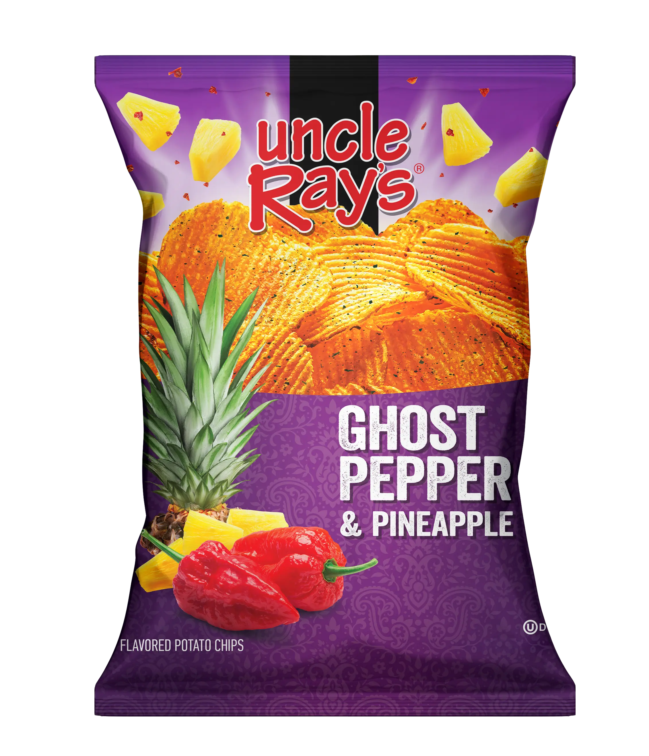 Uncle Ray's Ghost Pepper & Pineapple Potato Chips, Ambient Snack Crisps with Spice Extractives, Spice Extracts, Contains Milk, And Spice Extractives