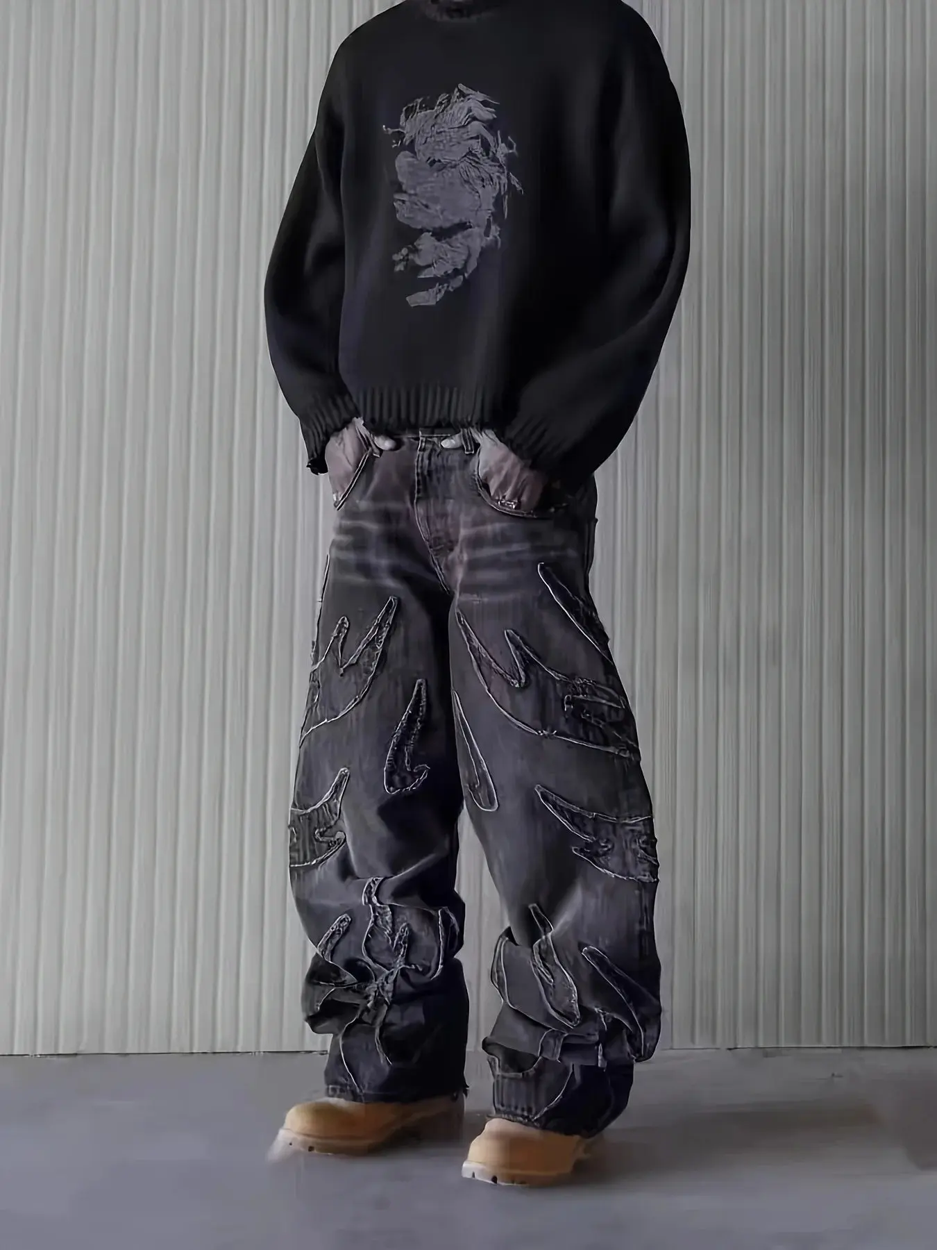 Y2K Flame Embroidered Baggy Jeans for Punk and Grunge Style