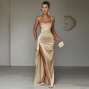 YL24531DGO-Womens Pleated Split Satin Evening Dress for Women Summer Formal Basic Maxi Dress