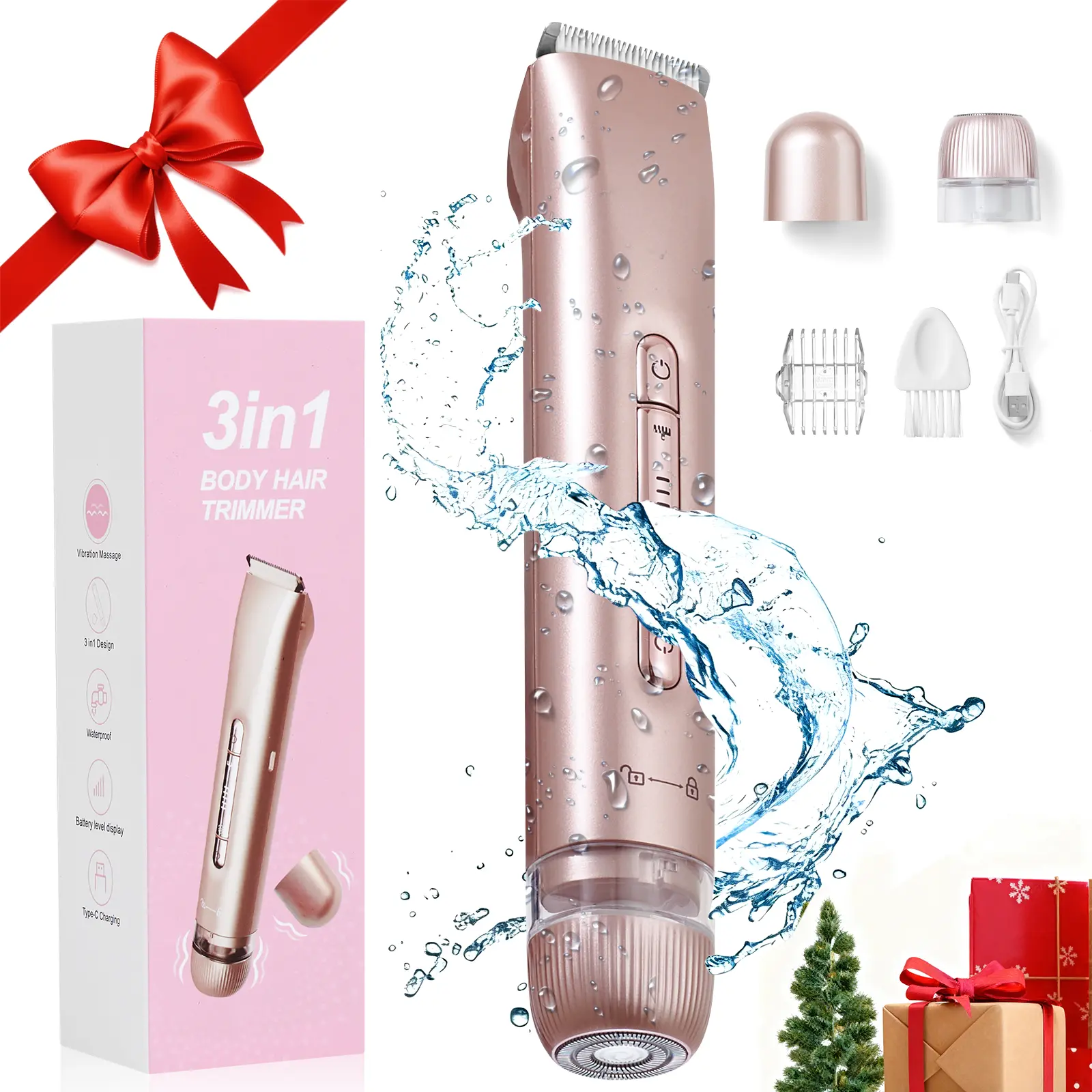 3-in-1 Electric Bikini Trimmer for Women, Rechargeable Wet Dry Shaver for Bikini Line & Body, Portable Grooming Tool with Massage Head, IPX7 Waterproof, Intimate Pubic Trimmer, Portable Hair Trimmer