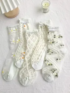 5pairs thin lace patchwork flower tube socks are comfortable and breathable, suitable for women's daily casual wear