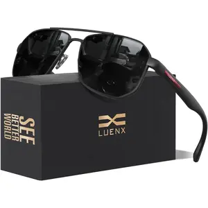 LUENX Aviator Sunglasses for Men Square Polarized Polygon Lens - UV 400 Protection with Accessories Driving Outdoor