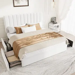 HOOMIC Platform Bed Frame with 4 Storage Drawers and Upholstered Headboard,Modern Bed with Horizontal/Vertical Stripes,No Box Spring Needed,Full/Queen/King Size,White/Grey/Black,#TikTokShopfalldealsforyou