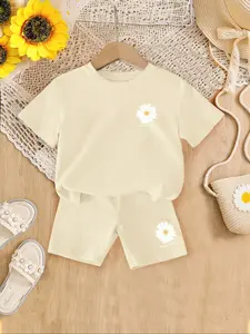 Baby Girl Summer Set, Daisy Print Round Neck Short Sleeve Top + Floral Waist Shorts, Soft Casual Kids Clothing, 2 Piece Cute Outfit