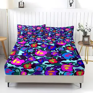 3Pcs Set of Colorful Graffiti Camouflage Themed Printed Fitted Sheet Set, Colorful Apple Pattern Bedding Set, Suitable For Bedroom and Trendy Style Room Decoration, Comfortable and Durable Ultra-Fine Fiber Bed Cover,  Suitable for Seasons.