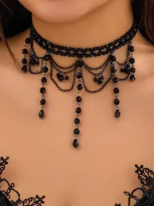 Gothic Style Artificial Crystal Decor Choker Necklace, Layered Tassel Drop Necklace for Women, Statement Necklace, Fashionable Jewelry for Party, Daily Decor, Exquisite Jewelry for Birthday & Halloween Gift, Bling Necklace