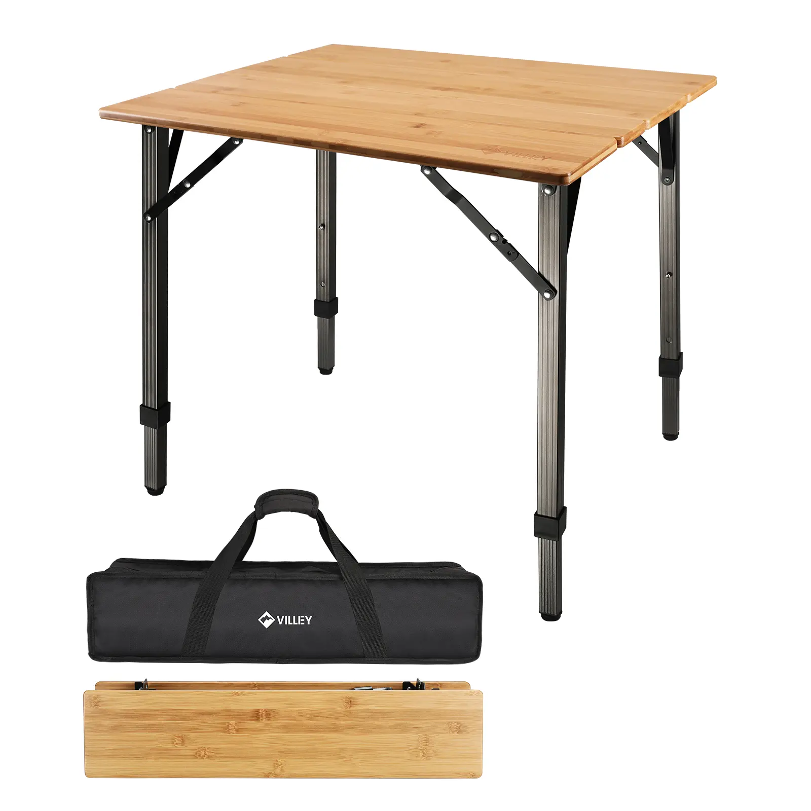 #fathersdaygift VILLEY Bamboo Folding Table, Portable Camping Table with Aluminum Adjustable Legs and Carry Bag, Heavy Duty 176 lbs Table for Travel RV Picnic Cooking Beach Outdoor and Indoor